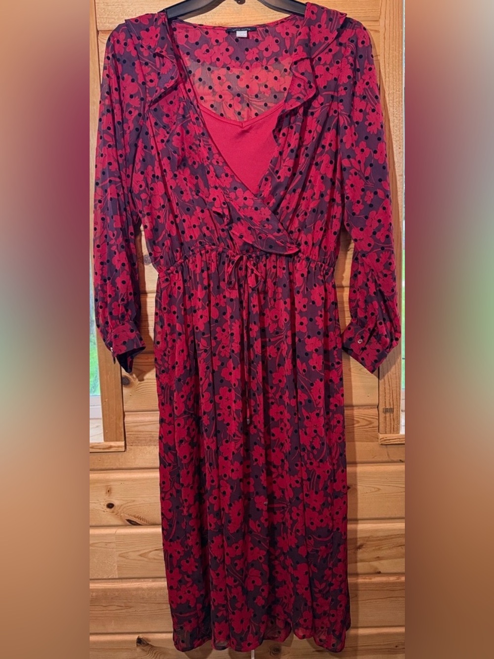 Tommy Hilfiger Red Floral/ Midi Dress with Black Polka Detail Size 14